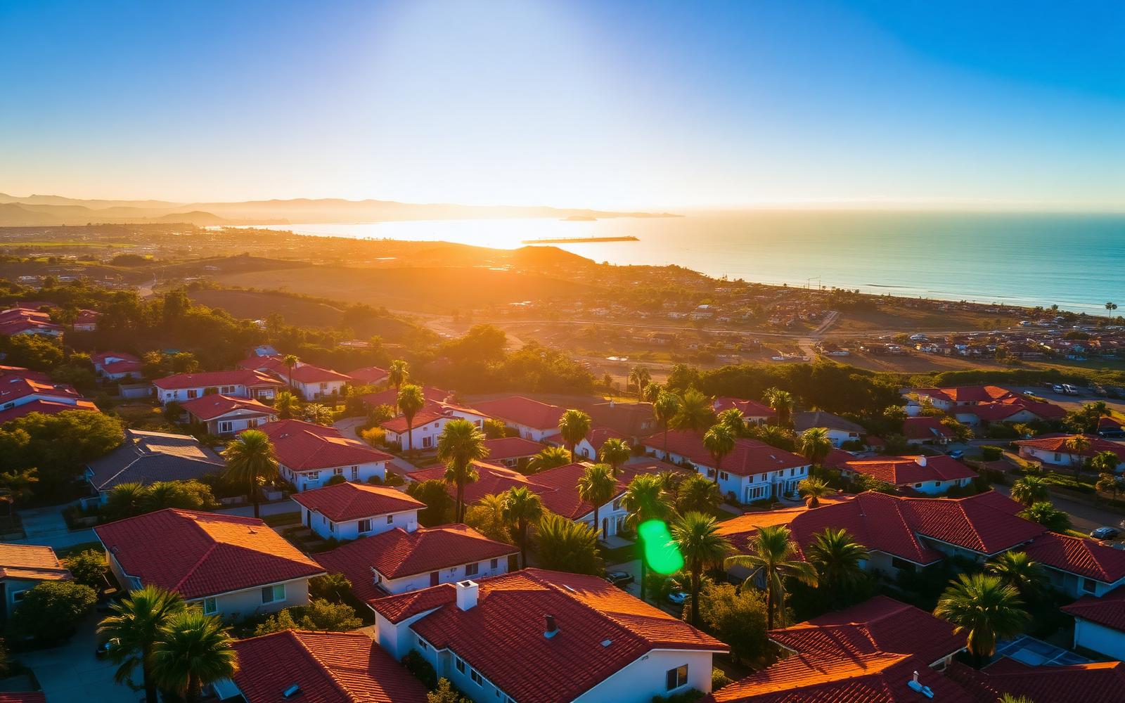 Aerial view of Ventura County suburbs meeting the Pacific coastline with rows of rooftops and palm trees