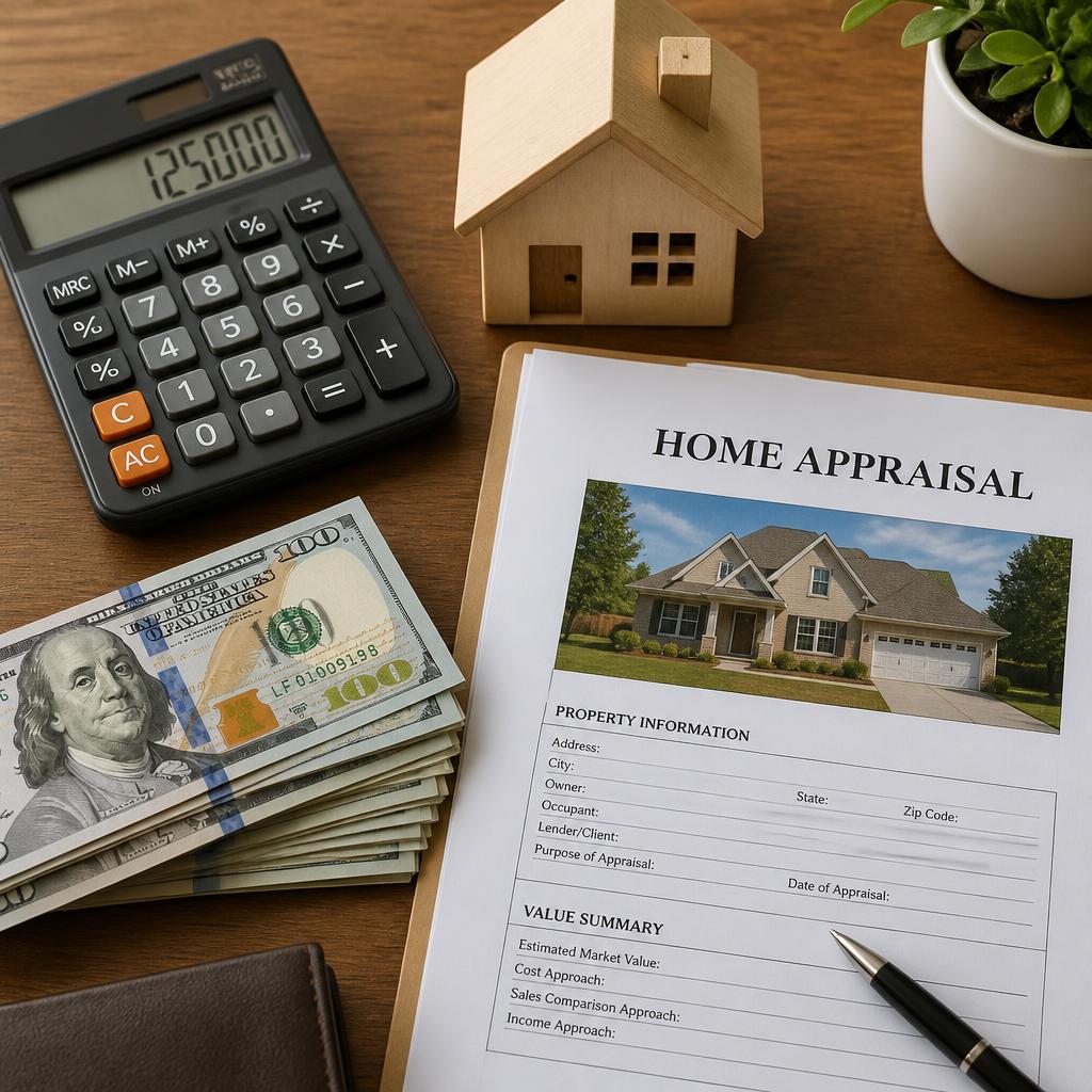 Calculator, cash, and home appraisal paperwork showing fair market value